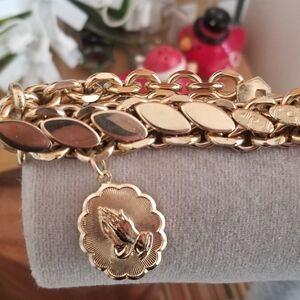 Chunky Byzantine Bracelet Textured & Polished W Praying Hands Charm Vintage